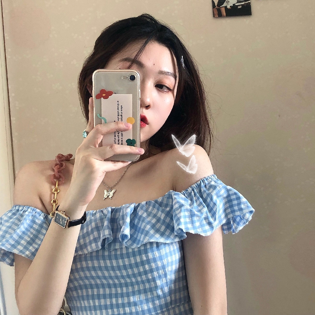 Váy kẻ hở vai bèo nhún - V004