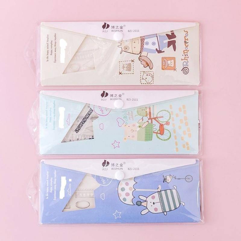 ⭐ iLado ⭐   Bộ Thước Kẻ 4 Món 15cm Thước đo kích thước Dụng Cụ Vẽ Hình Học Thước kẻ học sinh dễ thương chất lượng cao Tiện Lợi Hoạt Hình trong suốt có túi đựng In Họa Tiết Hoạt Hình dễ thương