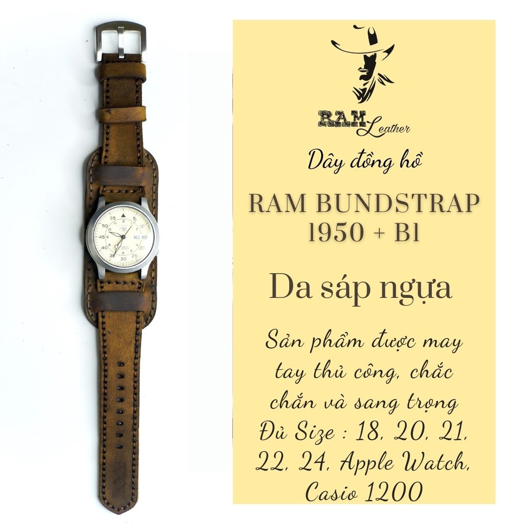 Combo Dây đồng hồ vintage da bò nâu đất kiểu quân đội RAM Leather B2 1950