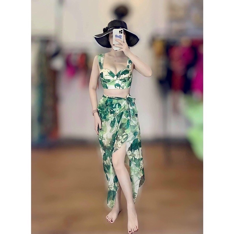 Bikini set 3 món  đồ bơi đi biển kèm quây quần nhún cạp cao che bụng màu xanh