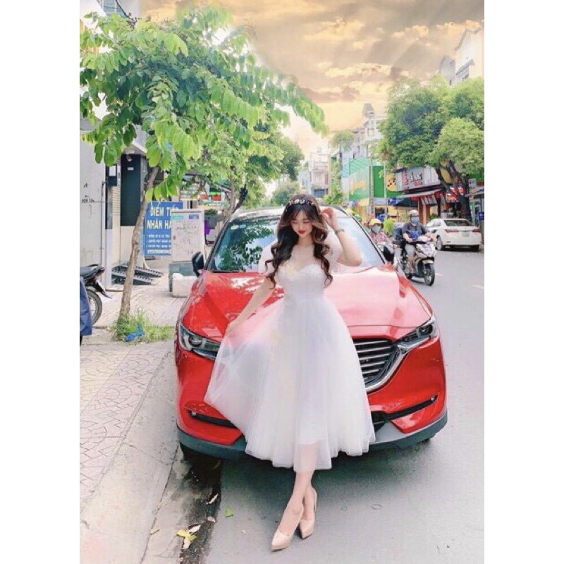 ẢNH VÀ VIDEO THẬT 1000% Đầm xoè tay phồng kết hoa thủ công