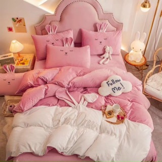 Set chăn ga gối nỉ nhung Tai thỏ phối màu cá tính