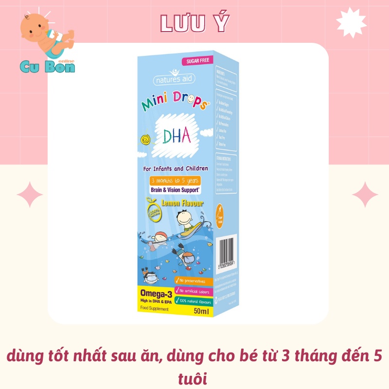 DHA cho bé Natures Aid DHA Drops của Anh 50ml dạng giọt chứa omega-3 giúp bé phát triển trí tuệ từ 3 tháng tuổi