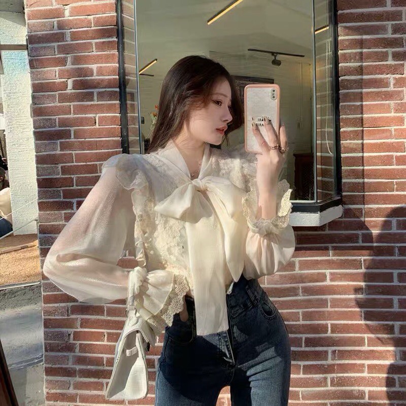 [SẴN] ✨ ÁO KIỂU THẮT NƠ VIỀN REN VAI 🎀[Có Ảnh Thật]🎀 MÀU BE PHONG CÁCH VINTAGE NHẸ NHÀNG DỄ THƯƠNG | BigBuy360 - bigbuy360.vn