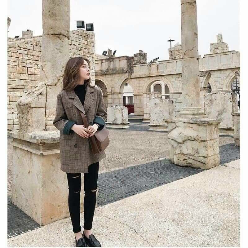 Áo blazer nữ dài tay sọc caro vintage, Áo vest nữ freesize 2 lớp khoác ngoài