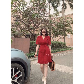 Đầm cổ V tay ngắn cột eo