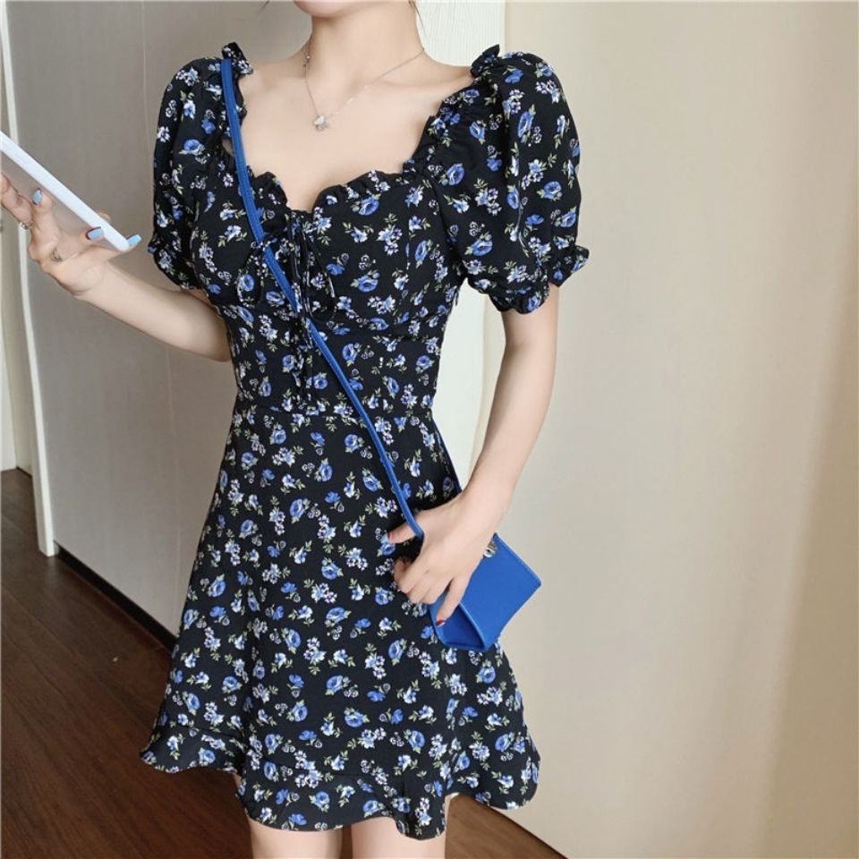 Đầm ngắn in hoa phong cách retro Pháp cho nữ
