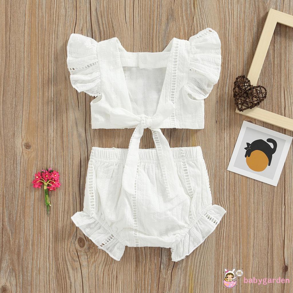 Bộ Áo Tay Cánh Tiên Hở Lưng + Quần Short Màu Trơn Dành Cho Bé Gái 0-2 Tuổi