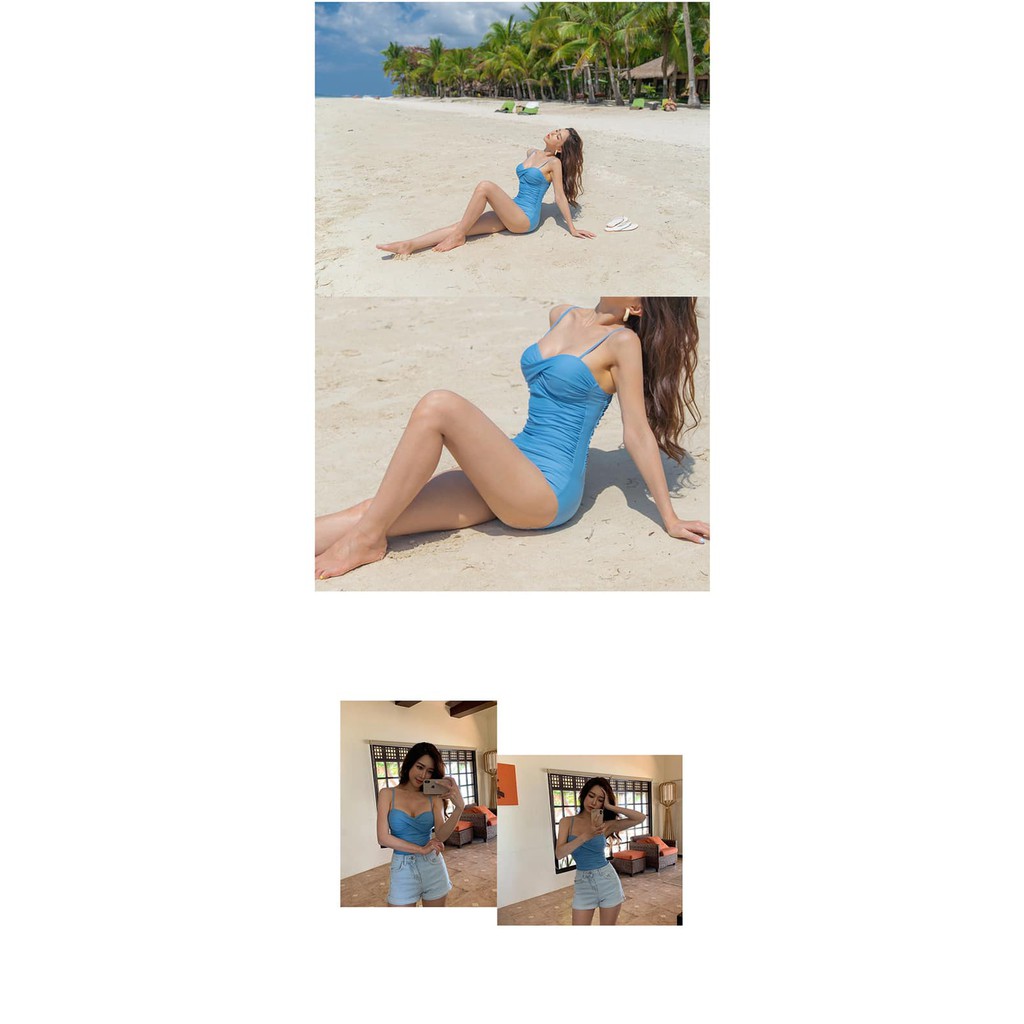 Bikini xanh sóng biển đẹp kiểu Hàn Quốc, đan chéo nâng ngực hợp ngực nhỏ, áo có gọng mút một mảnh cao cấp