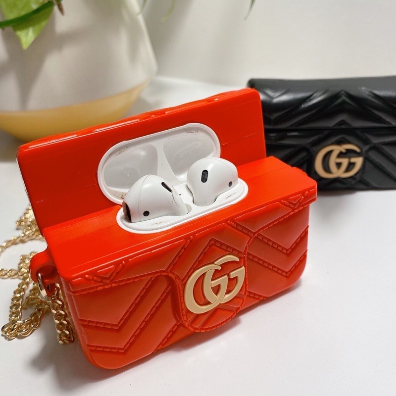 AirPods case hình túi GG Marmont Matelassé màu đỏ và đen kèm dây đeo cho AirPods 1, AirPods 2, AirPods Pro