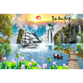 Tranh dán tường 3D thuận buồm xuôi gió - tranh thuyền buồm - Vải lụa (kích thước theo yêu cầu)