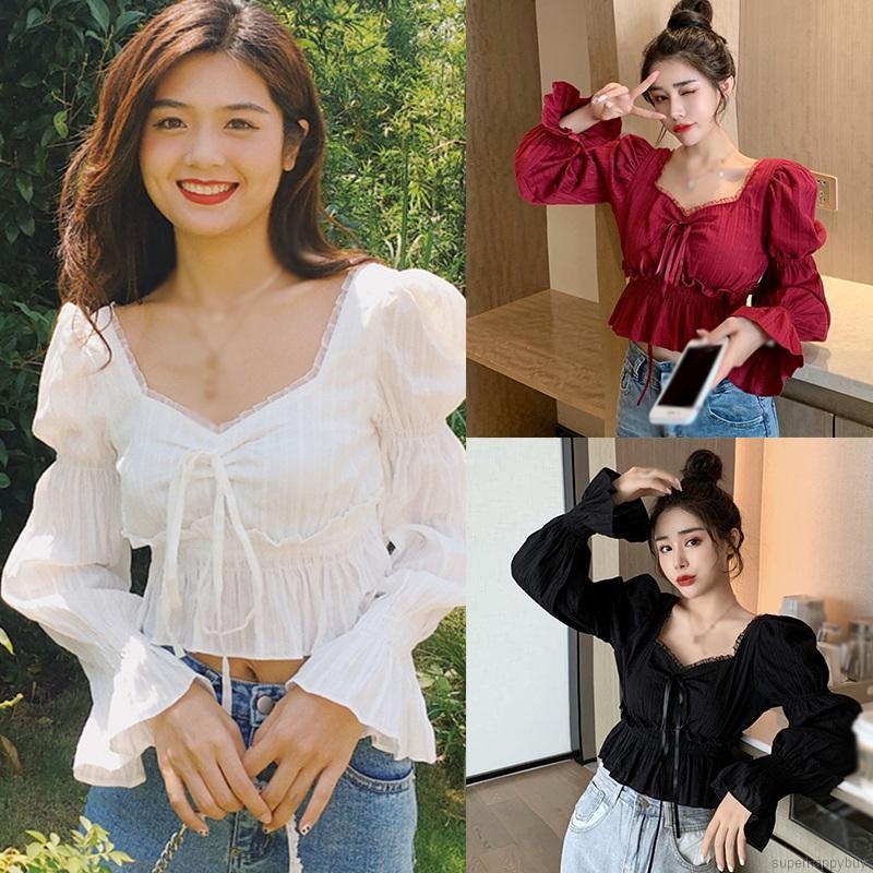 Áo Croptop Tay Phồng Phối Ren Quyến Rũ Dành Cho Nữ