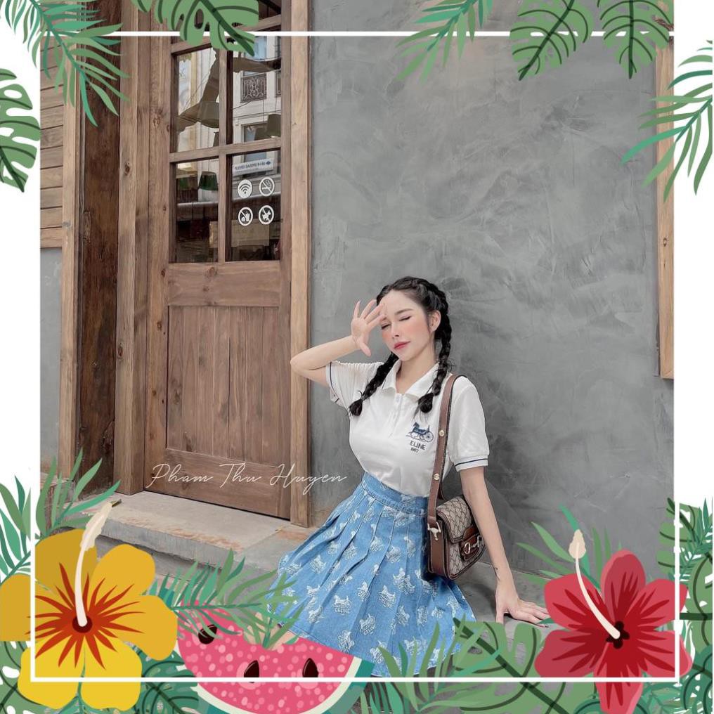 [ 𝐅𝐑𝐄𝐄 𝐒𝐇𝐈𝐏 ] Set Áo Polo Thêu Chữ Mix Chân Váy Xanh
