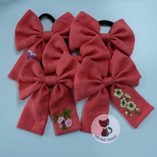 Đồ Cột Tóc Đỏ Son - Dây Cột Tóc Thêu Tay - Scrunchies Thắt Nơ