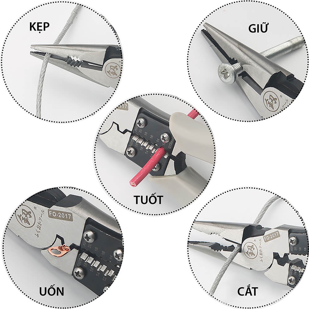 ⚜️Qùa Tặng ⚜️ Kìm, kiềm nhọn đa năng cao cấp Nhật Bản 5 trong 1 FUKUOKA FO-2017 8inch/220mm (Kẹp-Cắt-Uốn-Cuộn-Tuốt dây)