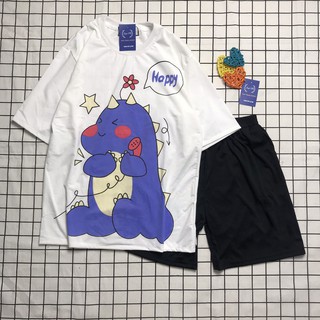 Sét Bộ Đồ Hoạt Hình Đùi Cartoon Unisex Mặc Ở Nhà Xinh Cute - Áo Cotton In 3D Khủng Long Gọi Điện Mix Quần Đùi Kaki