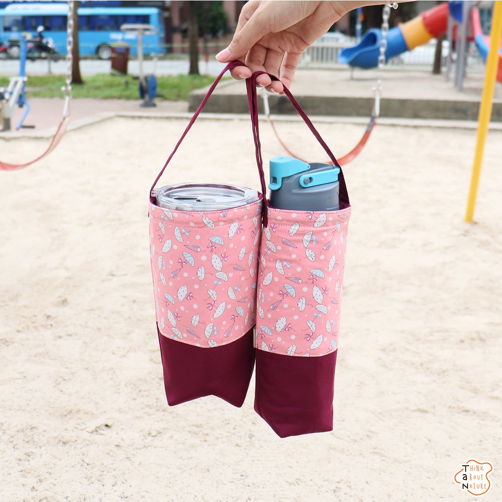 Túi vải đựng bình nước họa tiết dù hồng bảo vệ môi trường Tancupholder
