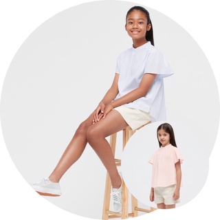Áo sơ mi cổ tàu bé gái tuổi teen kẻ sọc tay cánh tiên siêu dễ thương của UNIQLO