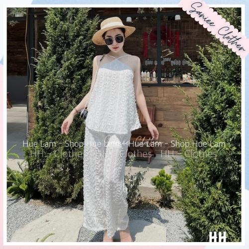 Sét áo cổ yếm mix quần ống rộng chất ren cao cấp style quý cô sang chảnh SanieeClother VCC003
