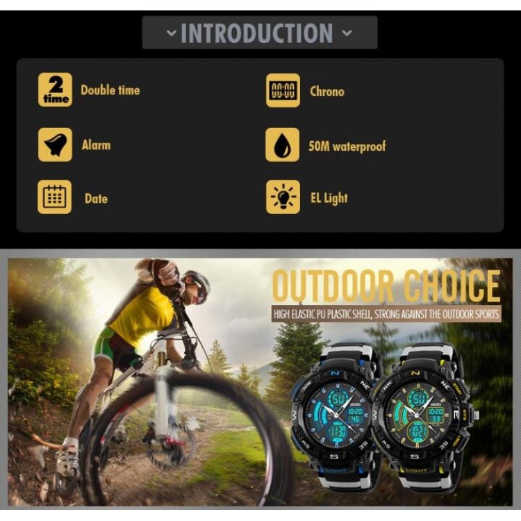 Đồng hồ thể thao nam SKMEI 1211 (dây khớp nhựa, chạy kim và điện tử, chống nước 5ATM)