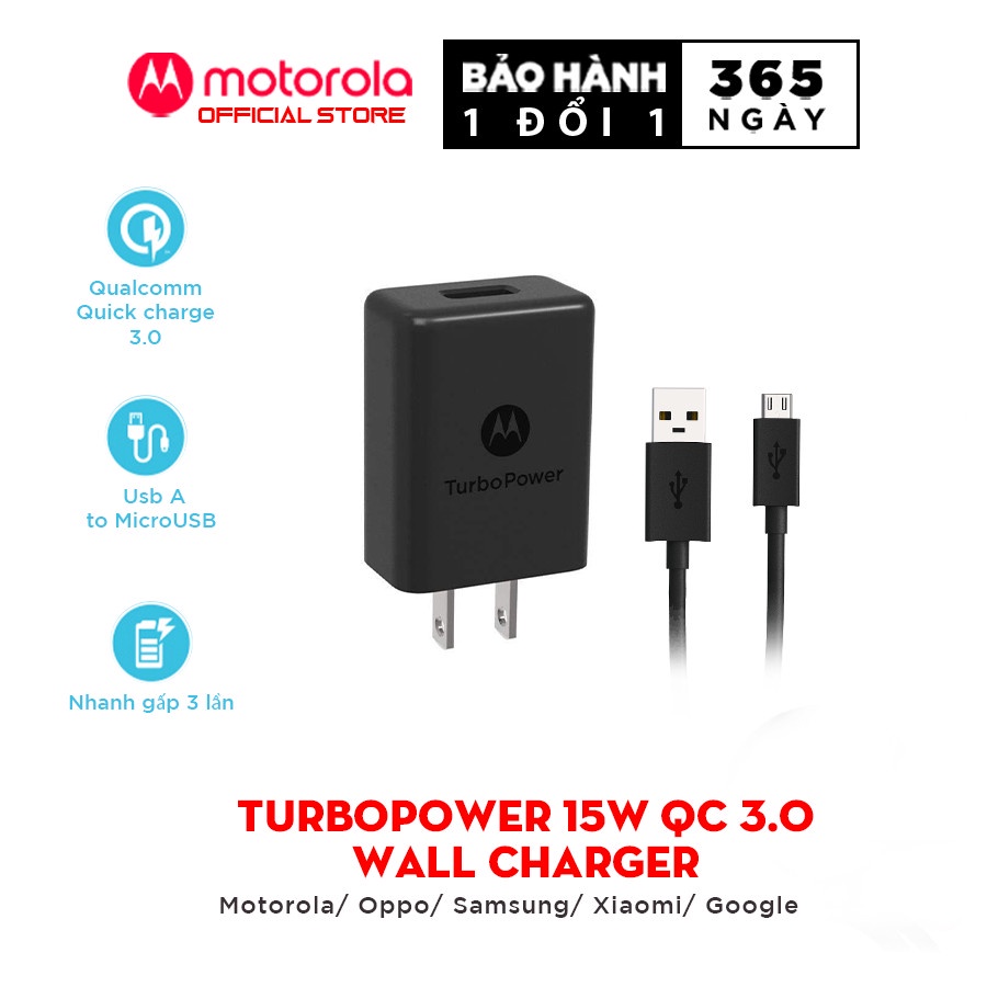 Bộ Sạc Cáp Motorola TurboPower 15+ Wall Charger - Cổng sạc USB 15W - USB A to TypeC/Micro - QC3.0 - Hỗ trợ sạc nhanh