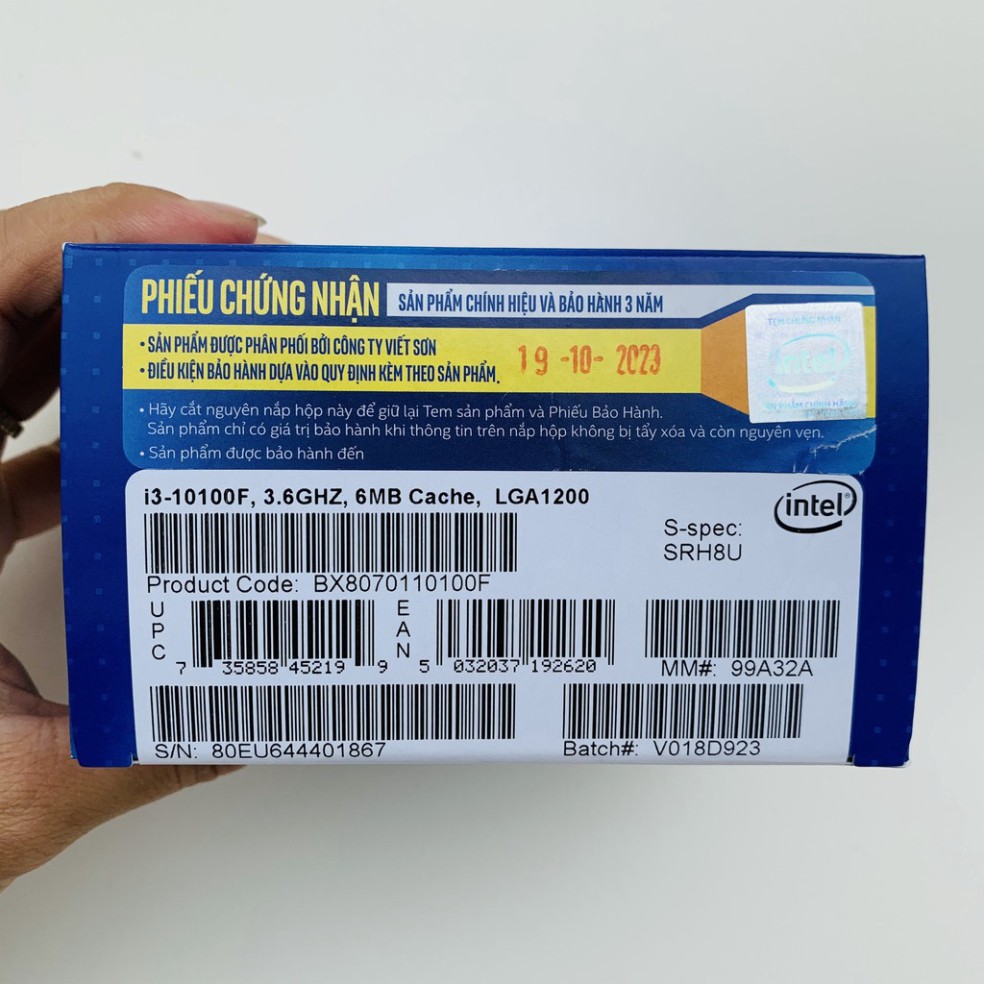 PO MAAD CPU Intel Core i3 10100F 3.6GHz up to 4.3GHz, 4 nhân 8 luồng socket 1200 chính hãng Viễn Sơn cung ứng (ko có GPU