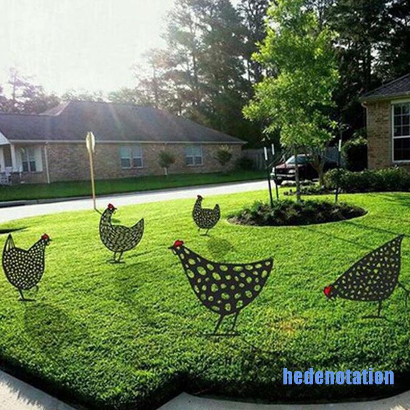 [hedenotation 0609] Chicken Yard Art Outdoor Garden Backyard Lawn Stakes Metal Hen Yard Decors