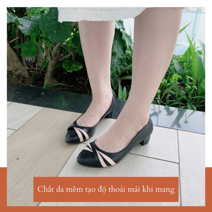 Giày Búp Bê Mũi Nhọn Cao Gót Nữ Đế Vuông Công Sở 3 Phân Hoàng Thanh Tổng Hợp