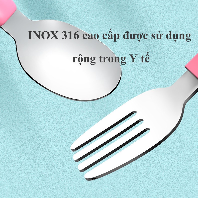Thìa dĩa tập xúc cán ngắn INOX 316 cho bé Beedoll, muống nĩa cán ngắn silicone an toàn