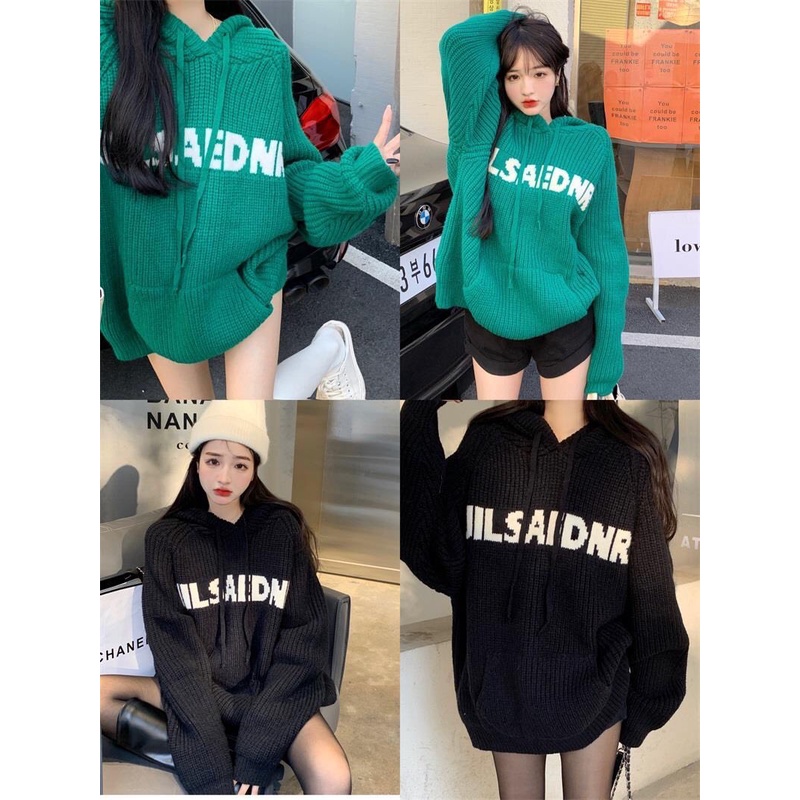 Áo hoodie len in chữ dáng rộng dài tay có mũ hottrend