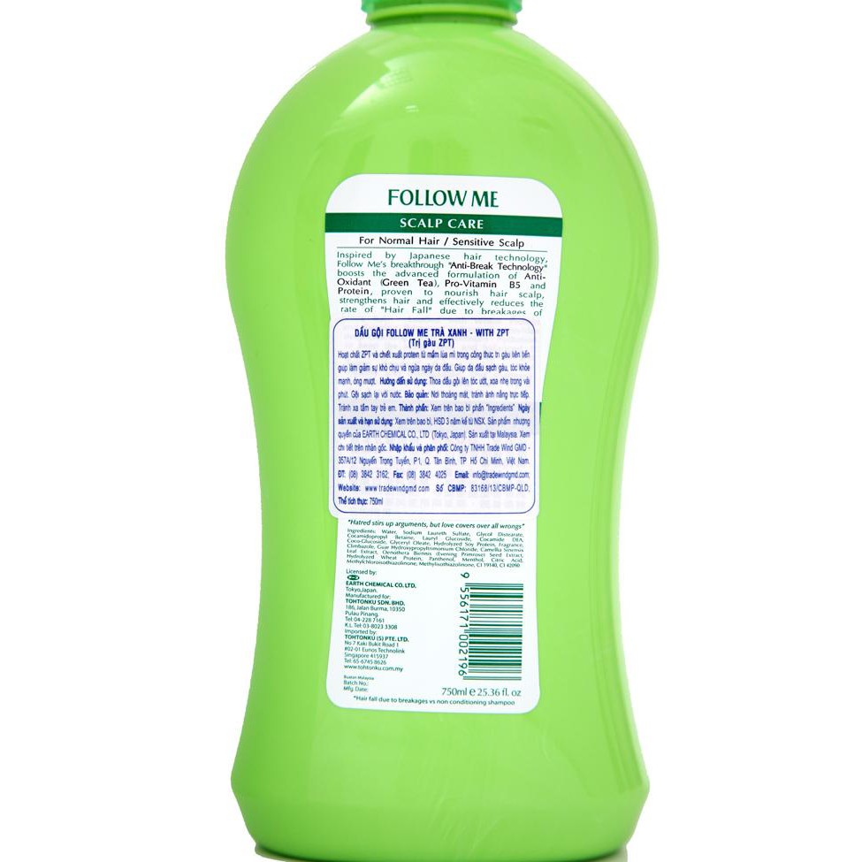 DẦU GỘI TRÀ XANH PHỤC HỒI TÓC HƯ TỔN FOLLOW ME GREEN TEA SHAMPOO 750ML - 2479