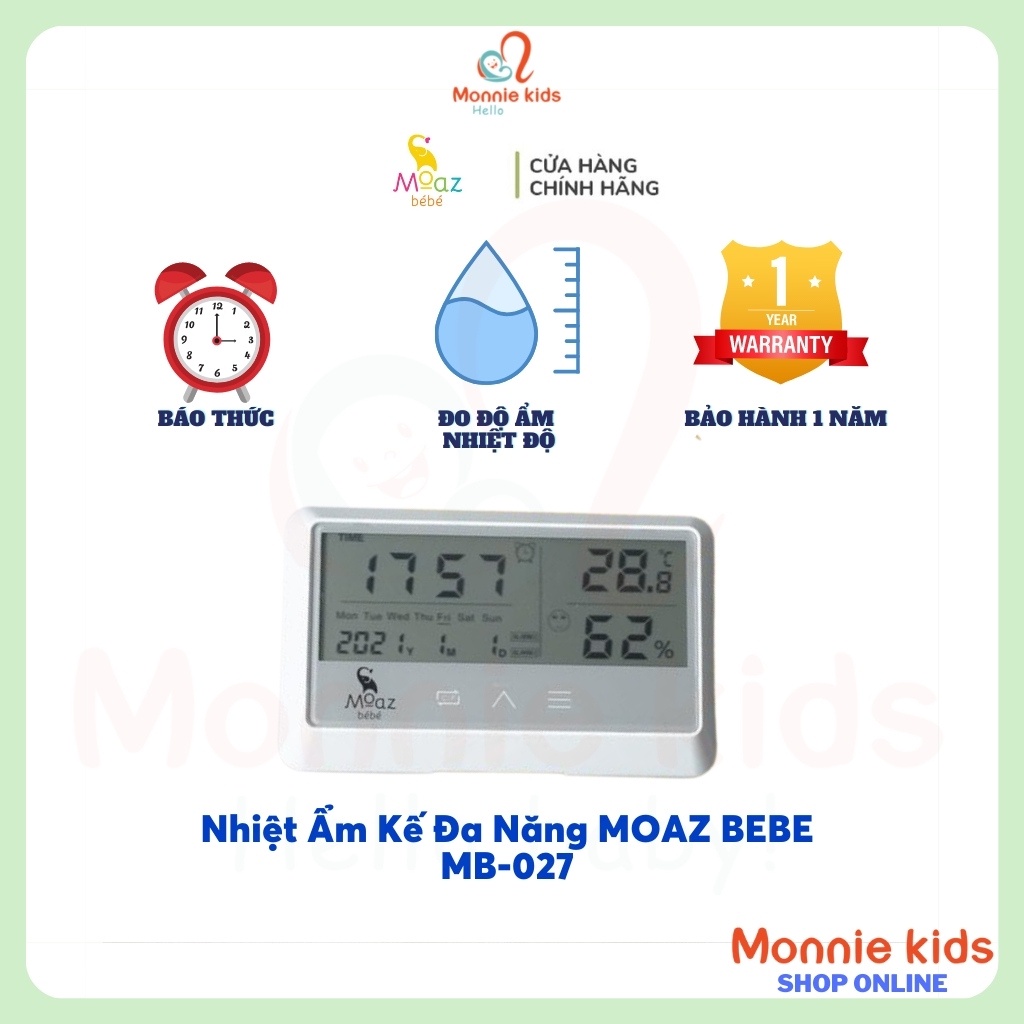 Nhiệt Ẩm Kế Đa Năng MOAZ BEBE MB-027, Đo Nhiệt Độ, Độ Ẩm, Báo Thức, Đèn Led Ban Đêm (BH 12 THÁNG)