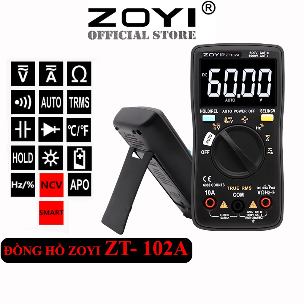 Đồng Hồ Đo Điện Zoyi ZT102A Đo Điện Vạn Năng Tự Động - Hàng Chính Hãng - Bảo Hành 12 Tháng