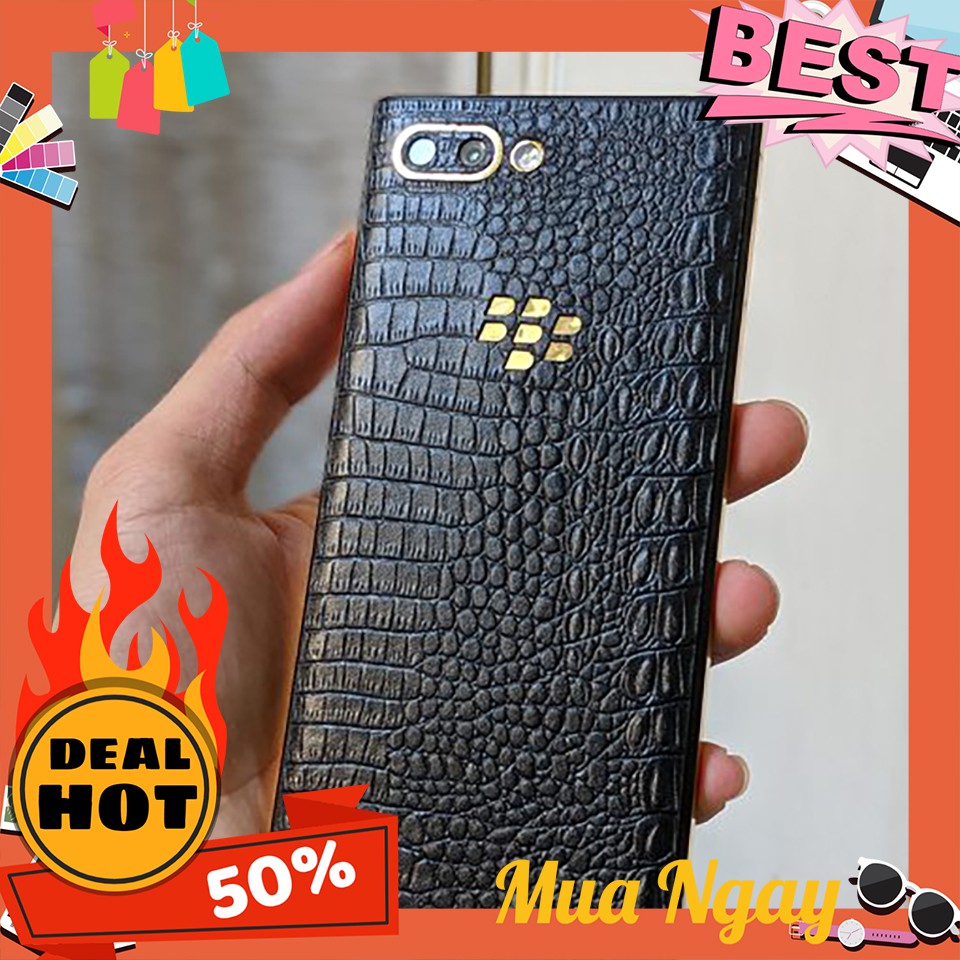 Miếng dán da cho BlackBerry Key 2 dán da bò dập vân cá sấu phối viền Gold