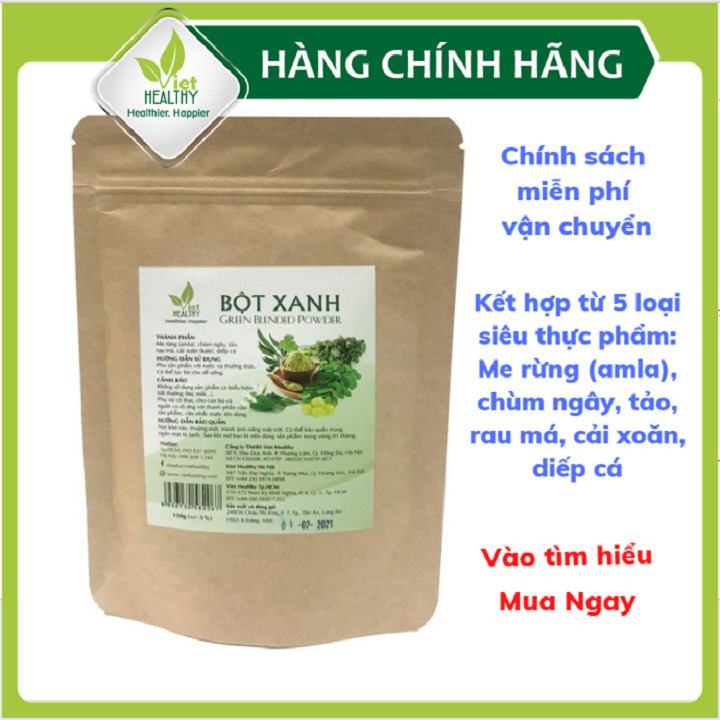 Bột Xanh Viet Healthy 150gr, Thành Phần: me rừng, Chùm ngây, Tảo, Rau má, Cải xoăn (kale), Diếp cá, cung cấp vi lượng