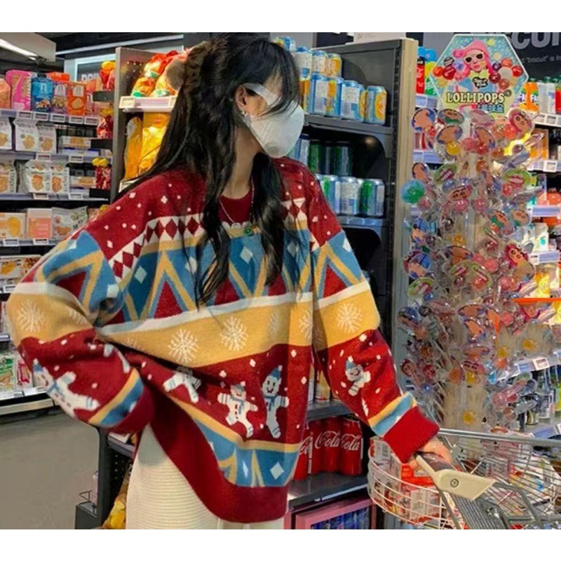 IELGY Áo Sweater Nữ Cổ Tròn Dài Tay In Hình Người Tuyết Giáng Sinh
