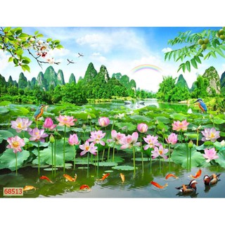 Tranh 3d dán tường in Vải Lụa tranh phong cảnh hoa sen