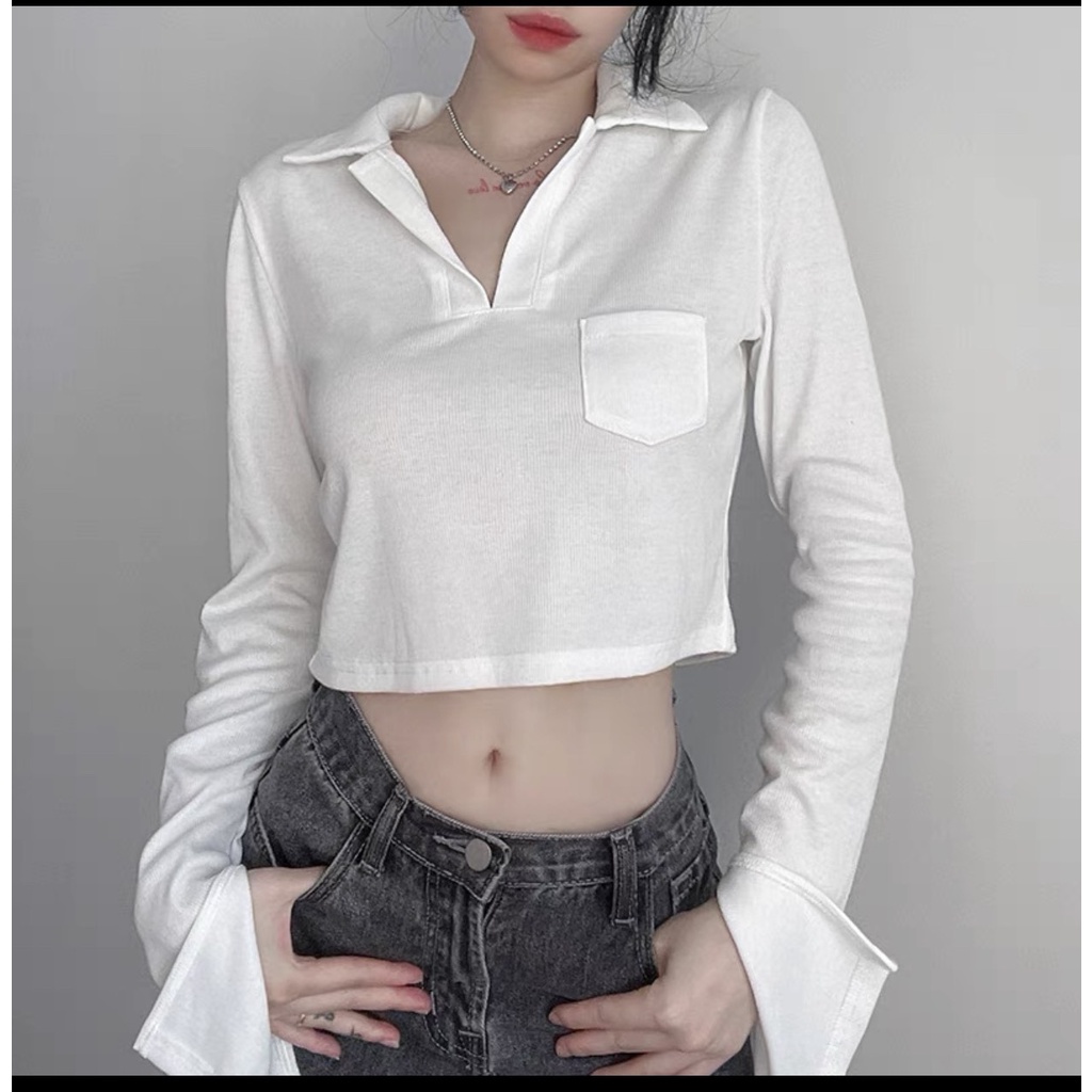 Áo Croptop Tay Dài Cổ Bẻ polo tay dài bo mịn co giãn