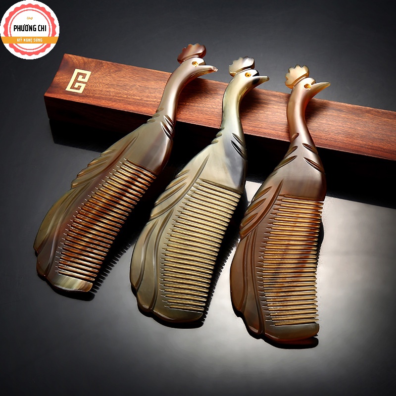 Lược sừng chạm khắc hình công tỉ mỉ đẹp, lược chải tóc gỡ rối massage đầu | Mỹ nghệ phương chi