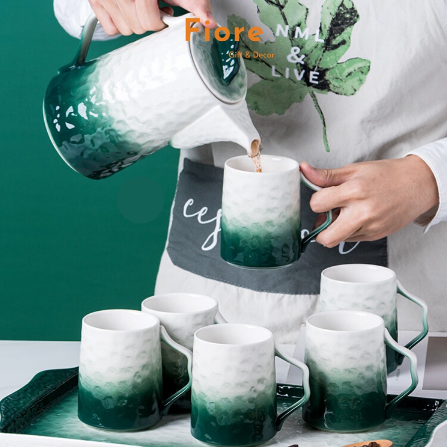 Bình đựng nước - kèm khay và 6 cốc sứ sần chống xước với nhiều màu cực sang trọng