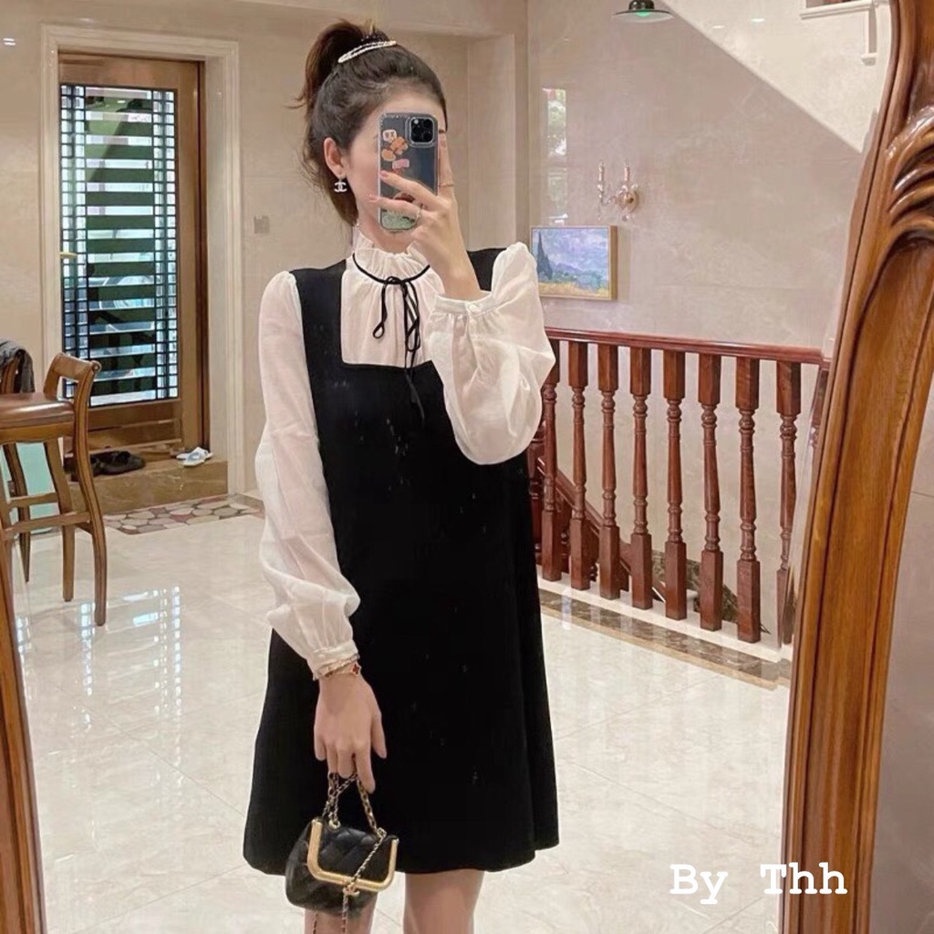 VÁY PHỐI TƠ CỔ NƠ BÈO DÀI TAY DÁNG SUÔNG TIỂU THƯ