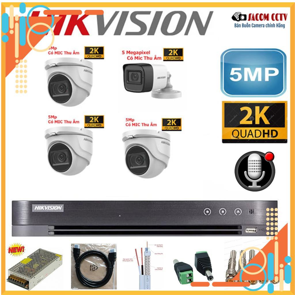 {Tích Hợp Mic}Trọn bộ 4 Camera 5Mp Hikvision Chính hãng tích hợp mic ghi âm, đầy đủ phụ kiện