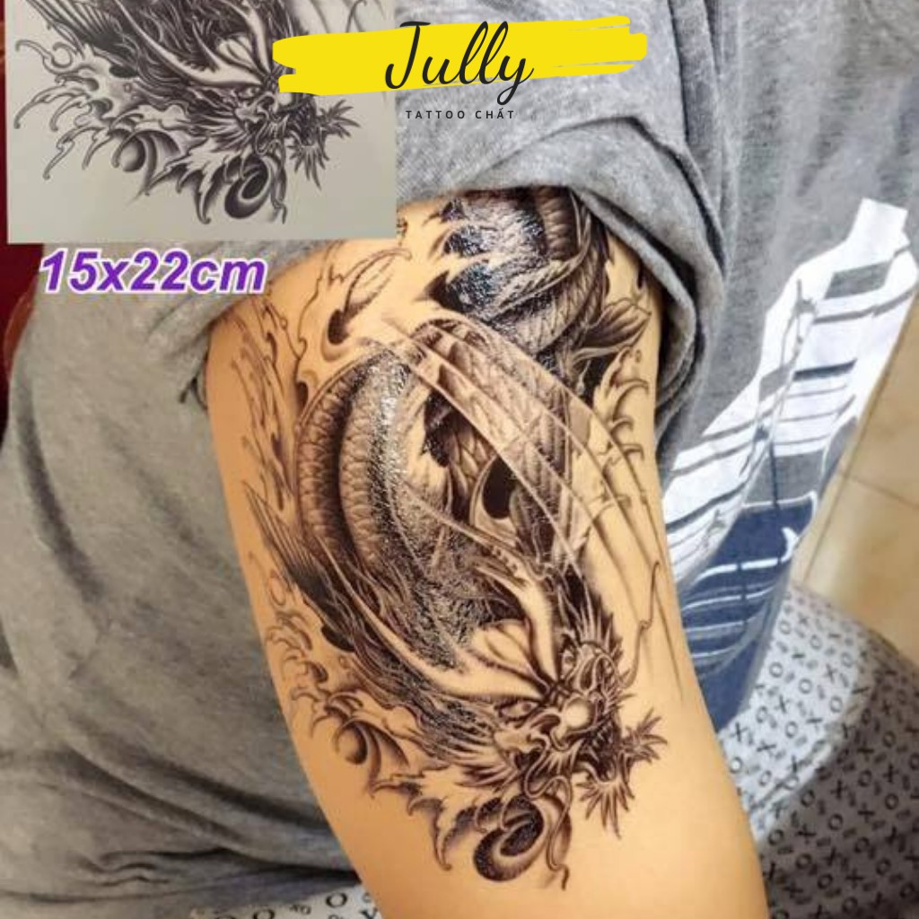 Hình xăm dán bắp cá chép hóa rồng đen trắng JULLY Tattoo chất, xăm ...