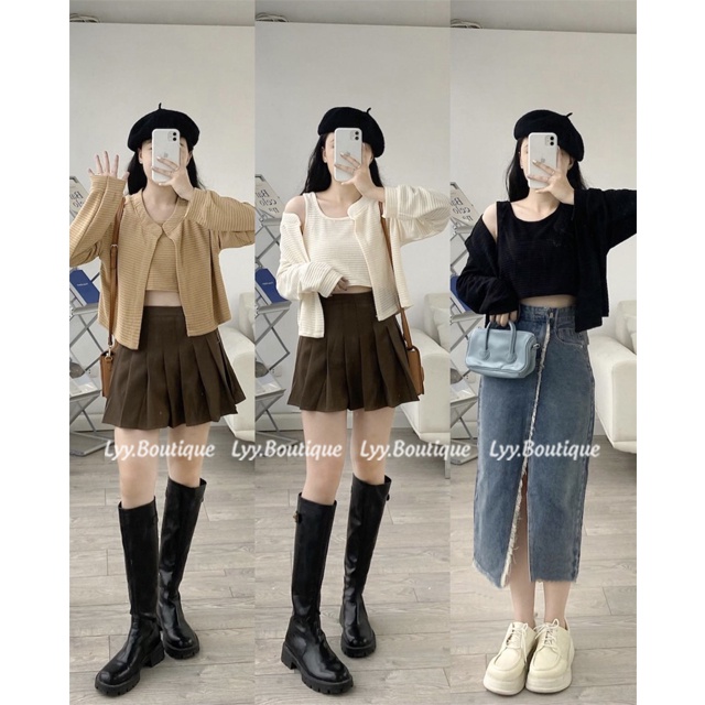 Set áo khoác cardigan kèm áo 2 dây croptop dáng trơn chất gạo xốp style Hàn Quốc LYY BOUTIQUE