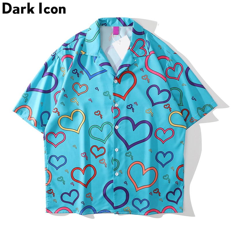 Dark Icon Love Heart Blue Hawaiian Shirt Men Turn-down Collar Vintage Polo Shirt Street Fashion Men' Clothing