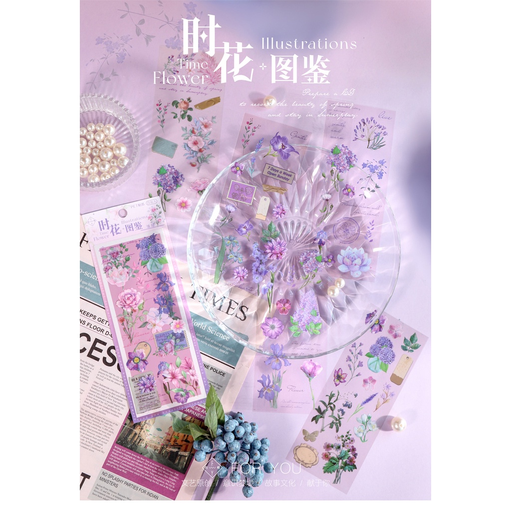 Bộ 4 Tấm Sticker PET Trong Suốt Họa Tiết Hoa Dùng Trang Trí Sổ Tay Phong Cách Vintage