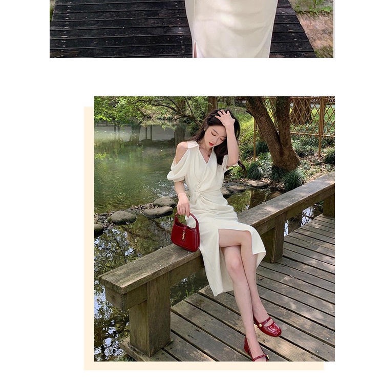 Đầm dài trung bình cổ chữ V thiết kế ôm eo phong cách Pháp thời trang mùa hè cho nữ