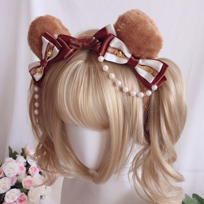 Cài tóc tai gấu bằng vải lông trang trí nơ và chuỗi hạt ngọc trai nhân tạo lolita dễ thương cho tiệc hóa trang anime