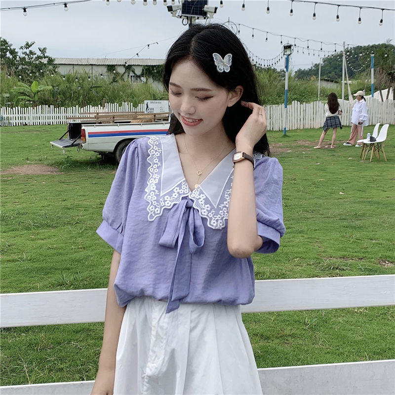 Áo Kiểu Chất Chiffon Tay Phồng Phối Ren Hoa Thiết Kế Ngọt Ngào Thời Trang Mùa Hè