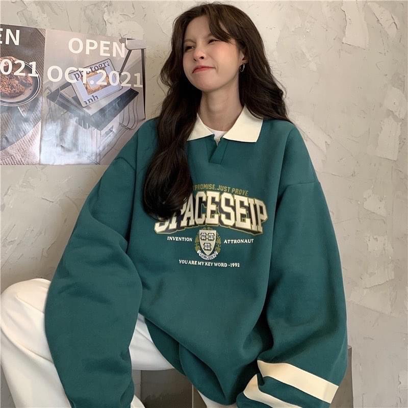 Áo Sweater Polo Nỉ Bông Unisex SPACESHIP màu XANH form rộng ✳️ Chất nỉ form nam nữ unisex/Áo tay dài có cổ Jaystoree 🖤